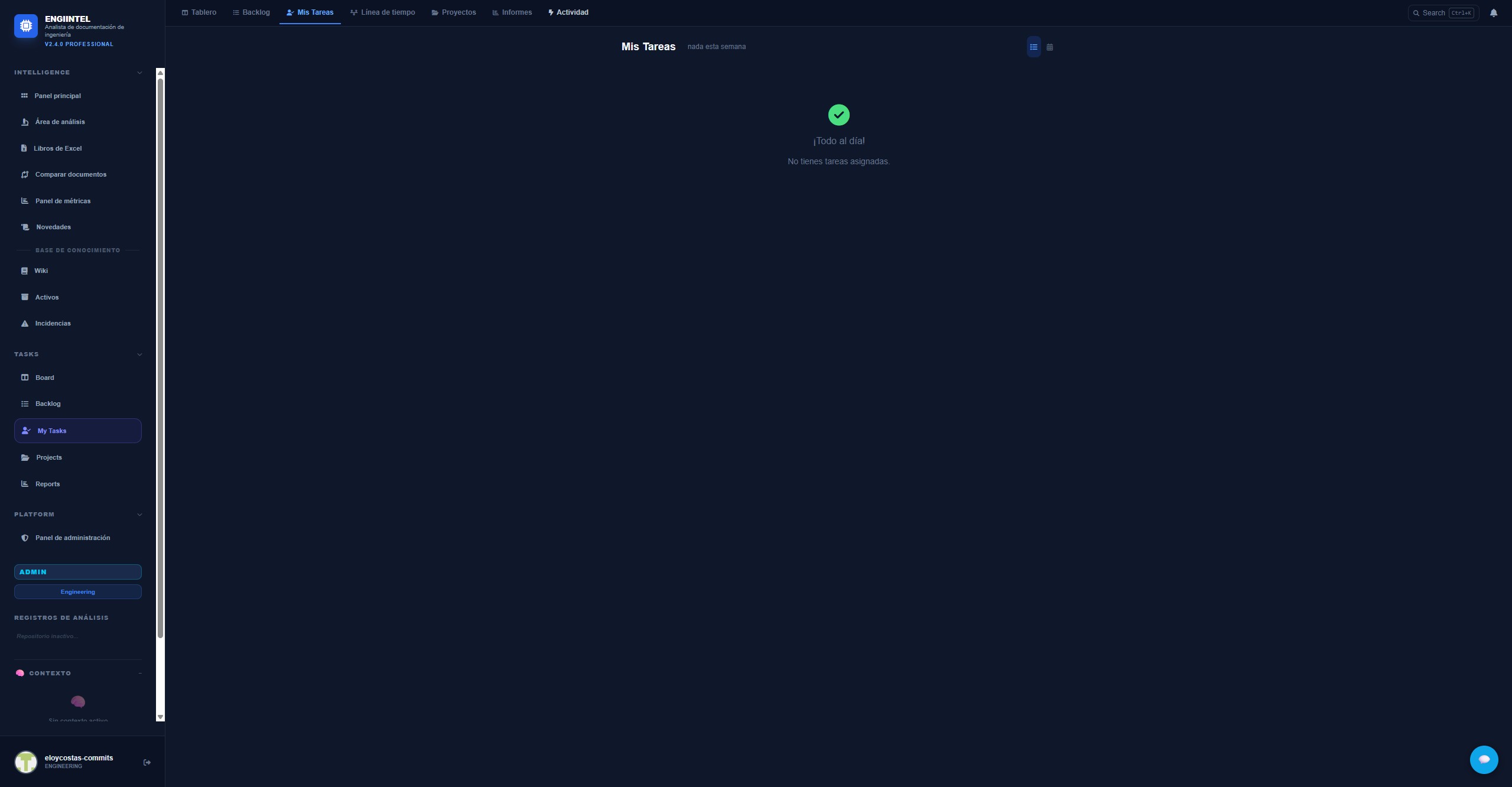 EngiIntel My Tasks personal dashboard showing assigned tasks and deadlines