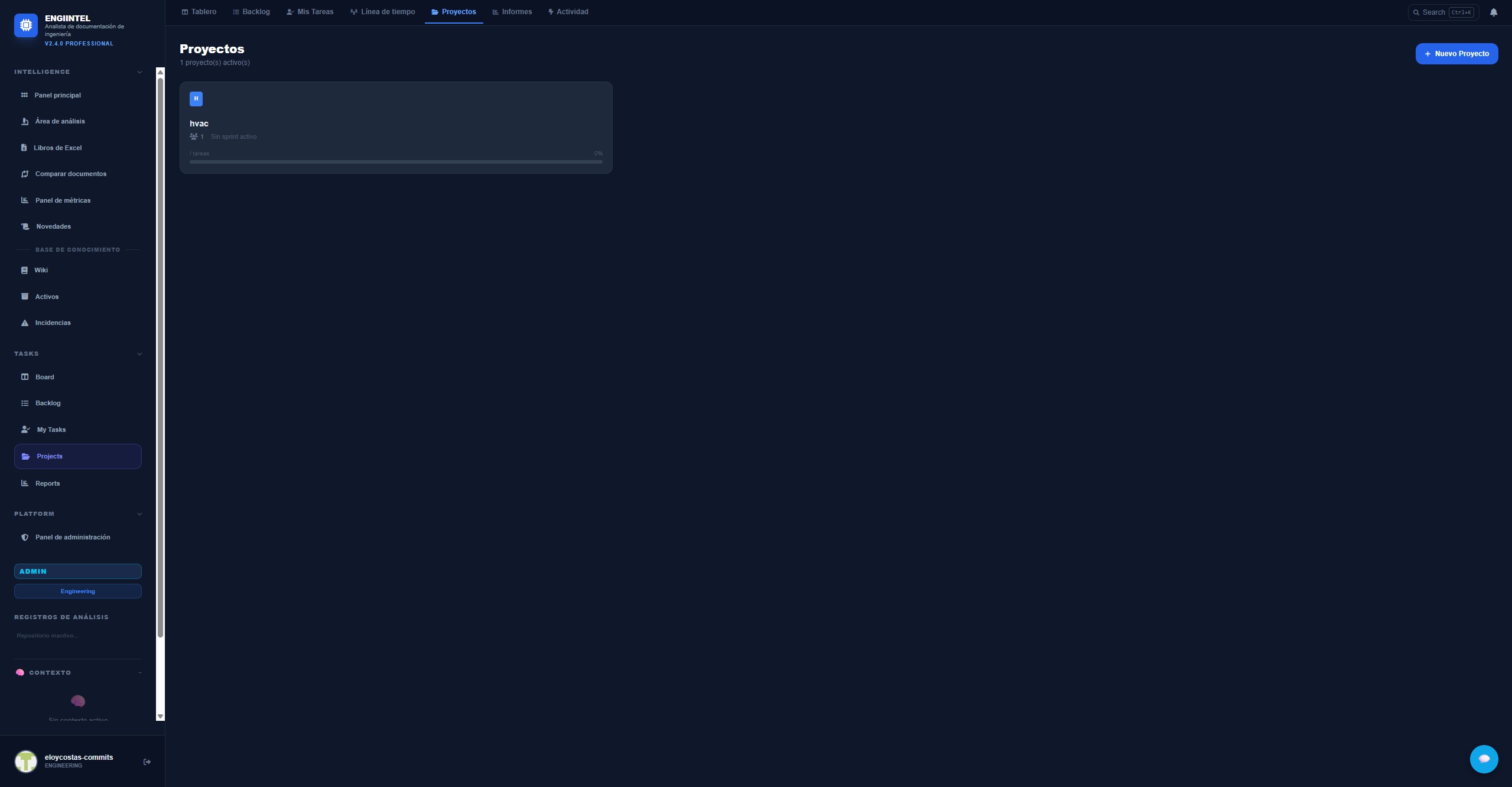 EngiIntel Projects view showing project list with status and team assignments