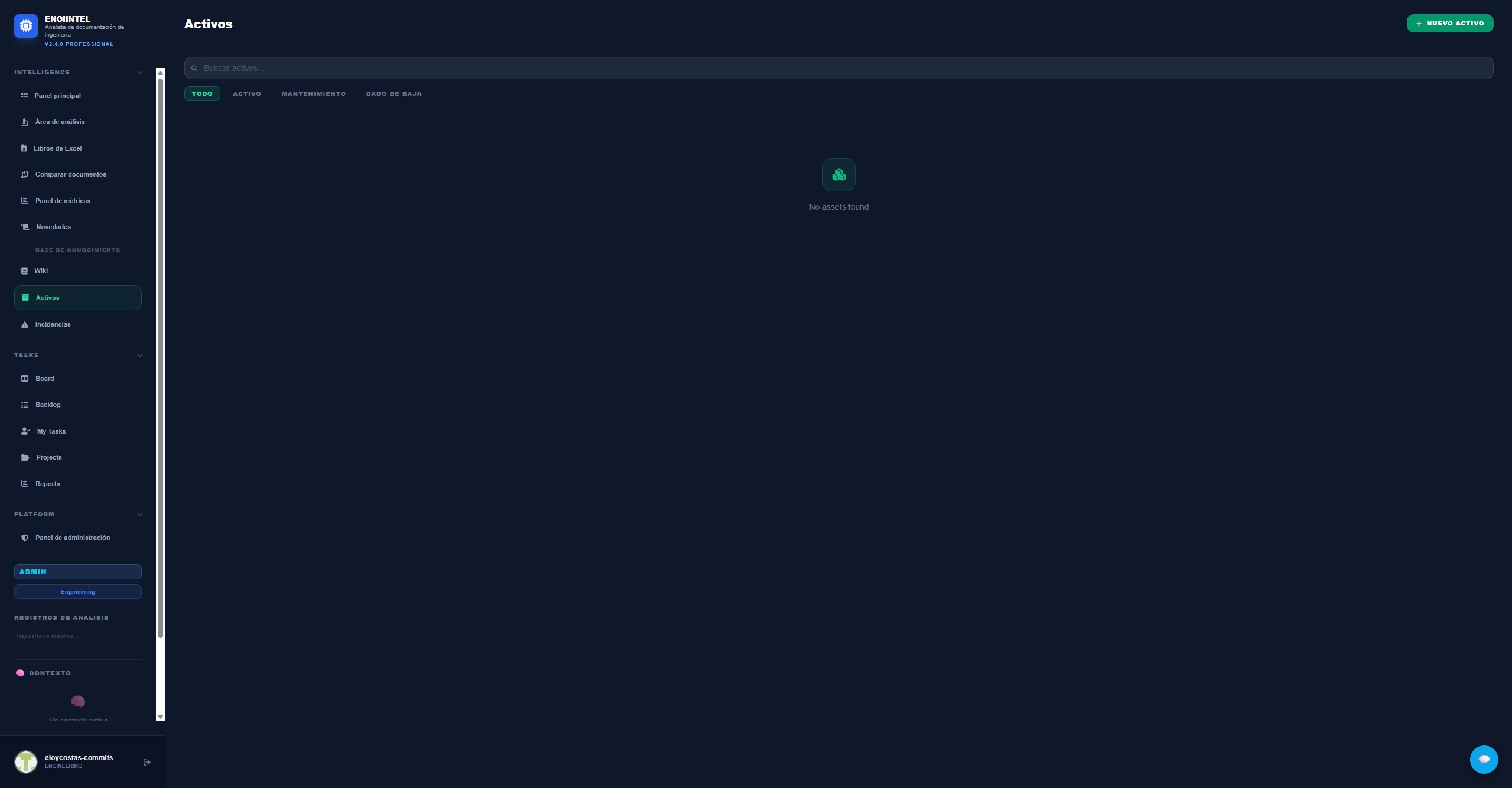 EngiIntel Asset Registry showing equipment list with status filters, search, and maintenance tracking