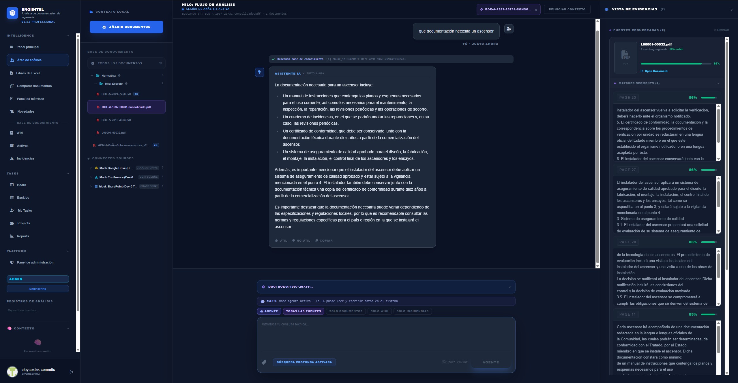 EngiIntel analysis area showing document search results with page-level citations