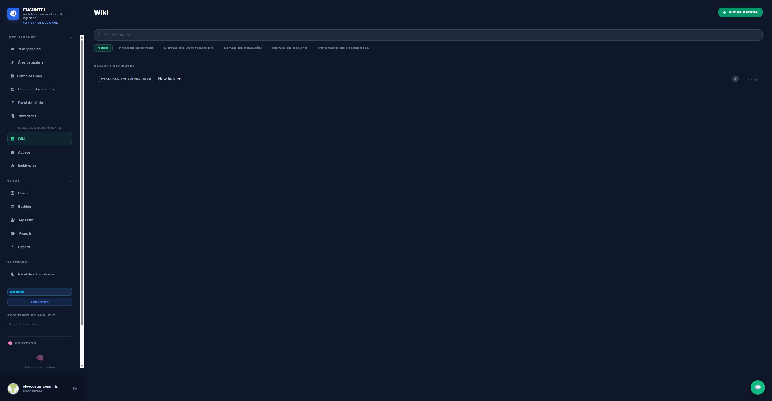 EngiIntel Wiki showing internal knowledge base with markdown editor, search, and version history